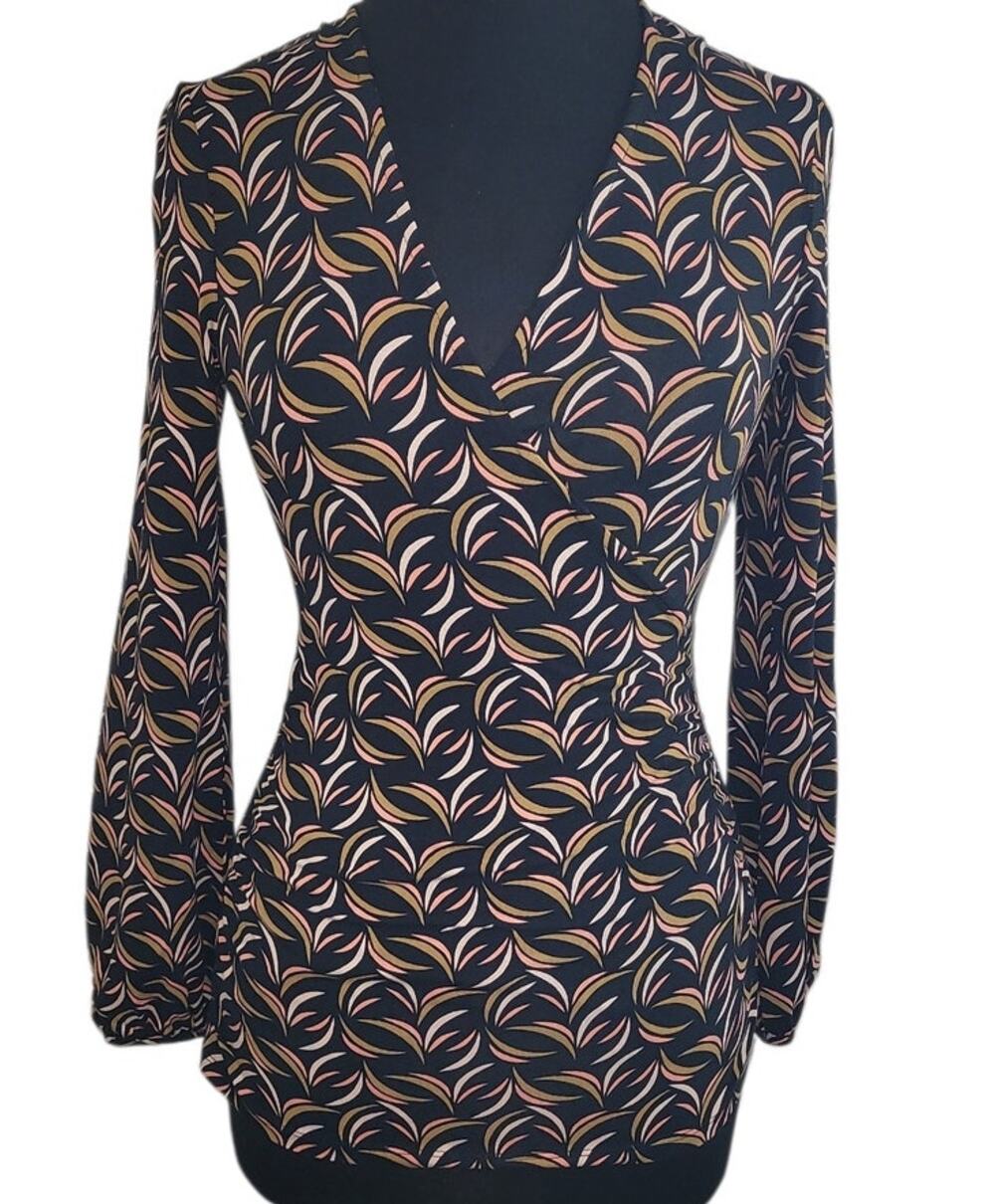 Boden Black Geo Elodie Long Sleeve Jersey Knit Wrap Blouse Women’s Size 4